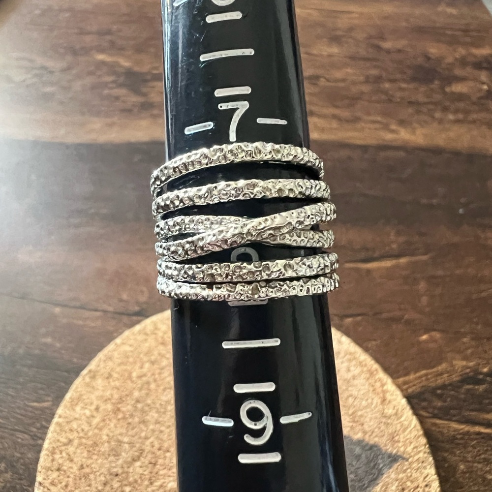 Silver Tone 6 Row Crossover Wide Band Ring Size 7.5